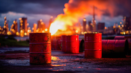 A chaotic scene unfolds at dusk with blazing flames erupting over rusted barrels strewn across a...
