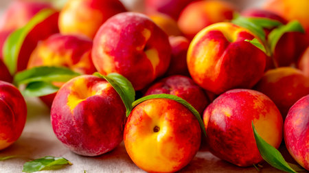 A vibrant arrangement of juicy peaches nestled among lush green leaves, resting on rustic wooden...