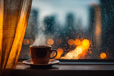A warm mug of steaming coffee rests beside a rain-speckled window, as the sunset's gentle glow...
