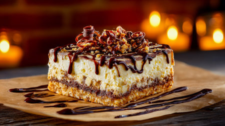 A tempting multi-layered dessert topped with rich chocolate lines and assorted toppings, presented...