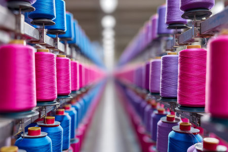 An array of vividly colored yarns meticulously arranged in a textile workshop, highlighting shades...