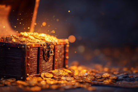 A radiant array of glittering gold coins spills from an open chest, casting a cozy, amber...