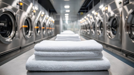 Pristine, expertly folded towels neatly arranged on a sleek table, set against the backdrop of contemporary industrial washers, conveying efficiency and cleanliness in a premium laの写真素材
