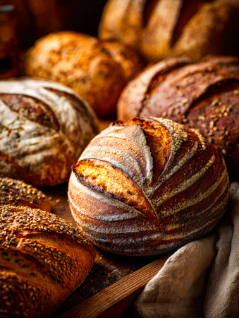 A collection of handcrafted bread varieties arranged on a wooden surface, evoking warmth and...