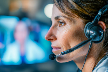 A dedicated professional woman, engaged in customer assistance, with a sleek headset, set against a softly blurred workspace during busy hours.のeditorial素材