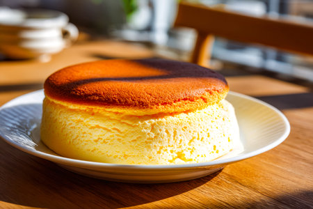 A soft, cloud-like Japanese cheesecake boasts a perfectly caramelized top, gently rising above its...
