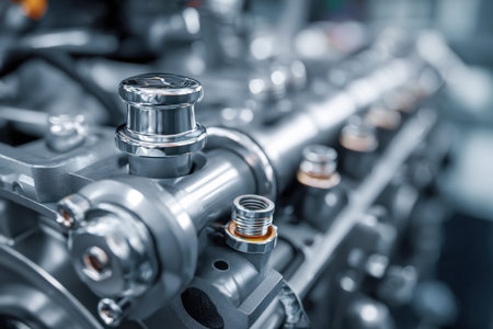 Close-up of a polished metal engine part exhibiting intricate craftsmanship, set against a sleek...