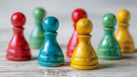 Brightly painted wooden tokens are artistically placed on a weathered surface, creating a lively and...