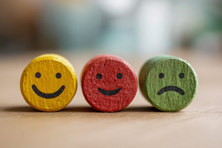 Colorful wooden emoticons with cheerful and somber expressions rest on a natural timber background, capturing a gentle mood and highlighting human feelings.の写真素材