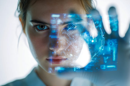 A young woman in concentration examines a sleek, see-through digital display adorned with glowing...