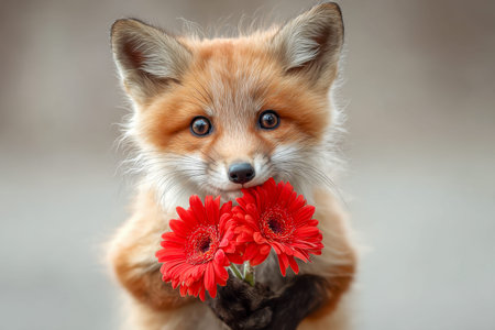 A charming young fox gently cradles bright crimson blooms, its curious eyes and fluffy fur...