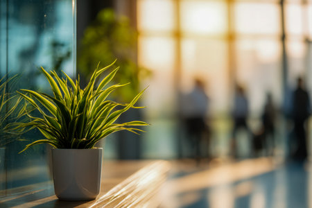 A lush, vibrant plant in a sleek pot sits by a sunlit window, casting gentle reflections in a contemporary office ambiance as busy figures fade into the background during golden hoの写真素材