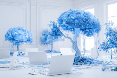 Vibrant high-tech environment featuring luminous digital flora connected by sleek cables, embodying...