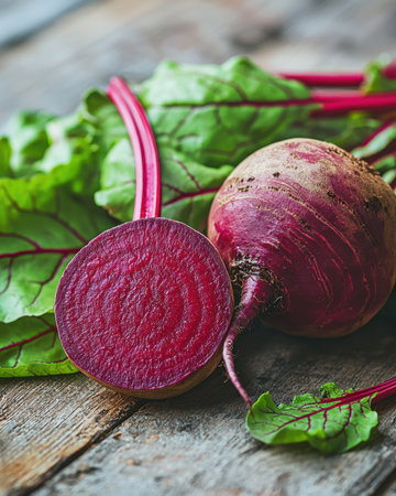Juicy, deep red beetroots with lush green leaves resting on weathered wood, evoking rustic freshness and natural health benefits.の写真素材