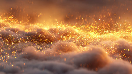 A serene sky adorned with luminous golden specks drifting over gentle, cottony clouds, evoking an enchanting and surreal scene bathed in warm, awakening light.の写真素材