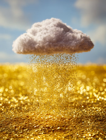 A playful, fluffy formation releases a cascade of shimmering gold particles onto a reflective, radiant surface, evoking a sense of magic and wonder.の写真素材