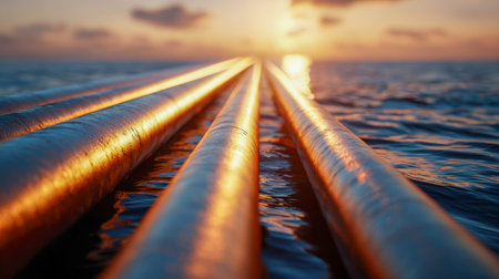 Polished metal conduits gently rest on calm waters, their surfaces mirroring the warm glow of sunset rays and enhancing the peaceful, meditative scene.の写真素材