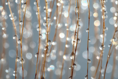 Tiny shimmering beads adorn slender gold-colored stems, set against a dreamy, glittering backdrop...