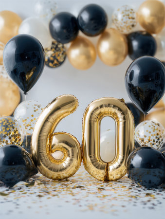 An exquisite display of ornate black and gold balloons, featuring prominent golden numeral balloons marking six decades, complemented by colorful confetti on a pristine white backdの写真素材