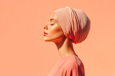 A tranquil profile of a woman wearing a gentle pink headscarf and coordinated top, set against a soothing pastel backdrop that evokes calm and elegance.の写真素材