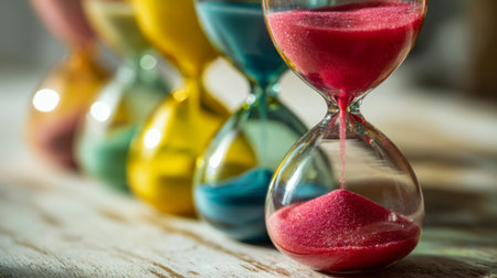 Vibrant granules cascade sequentially through interconnected hourglasses, evoking the enduring journey of patience and the evolving moments that shape life's story.の写真素材