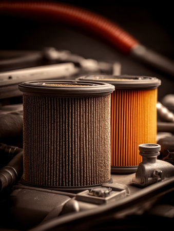Detailed view of engine bay components highlighting clean, cylindrical air filters nestled within intricate mechanical parts, emphasizing precision and maintenance.の写真素材