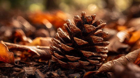 A detailed view of a textured pine cone resting among colorful fall foliage, capturing the serene beauty of nature's seasonal transition.の写真素材