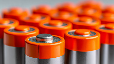 Rows of neatly aligned alkaline batteries create an organized and uniform display, highlighting...