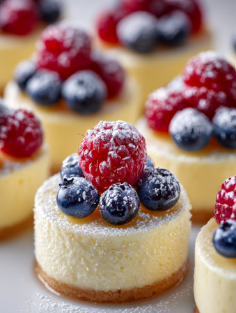 Delicately crafted miniature cheesecakes garnished with vibrant berries and a snowy dusting of powdered sugar, exuding refined sweetness and artistic elegance.の写真素材