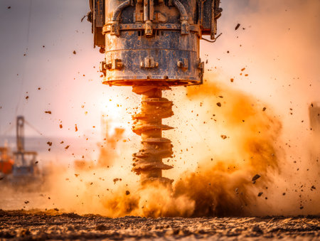 Heavy-duty excavation equipment roars into motion, releasing a burst of energy that sends swirling...
