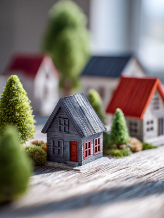 Charming miniature homes nestled among vibrant green trees on a wooden base evoke a cozy village ambiance bathed in soft natural light.の写真素材