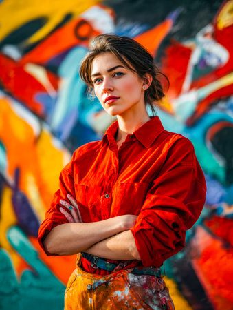A spirited young woman stands boldly amid colorful street art, radiating confidence and expressing urban creativity.のeditorial素材