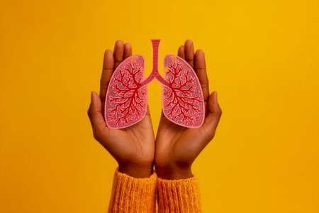 Warm, caring hands cradle a precise lung diagram against a vivid orange backdrop, with cozy sweater...