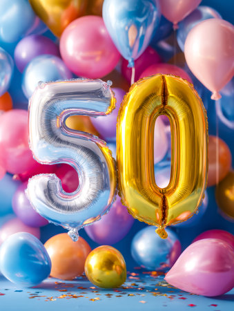 A lively scene featuring a large, golden 50 balloon centerpiece amid vibrant balloons and shimmering...