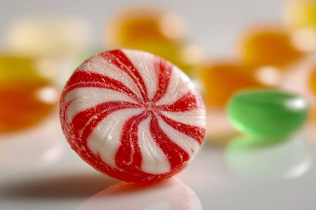 Vibrant assorted confections glisten on a reflective surface, with a central peppermint stick...