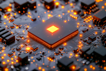 A detailed view of a high-tech microchip shimmering with vibrant orange glow, set against a complex...