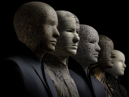 Futuristic human portraits blending detailed geometric motifs and vivid colors, creating a...