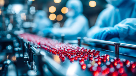 A sleek, organized factory features a high-tech assembly system, showcasing vibrant red sparkling...