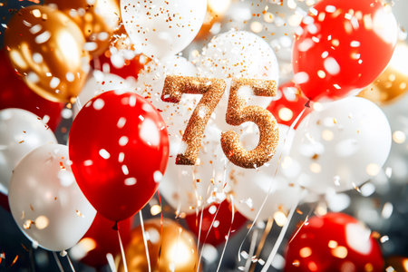 Vibrant festive scene featuring soaring red, white, and gold balloons surrounding a shimmering 75...