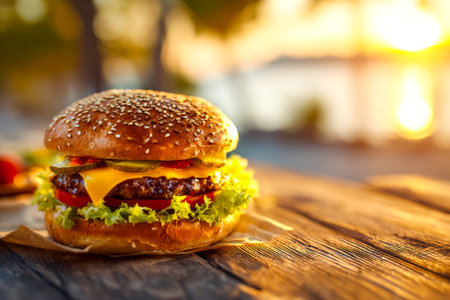 A flavorful cheeseburger layered with crisp vegetables rests on aged wood, bathed in the warm glow of a setting sun, evoking comfort and rustic charm.の写真素材