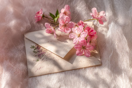 Delicate pink cherry blossoms softly cascade atop an antique envelope, set against a plush fabric...