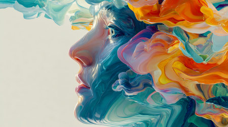A captivating fusion of a woman's visage with dynamic, luminous hues creates an evocative visual...