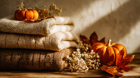 A warm tableau of fall comfort featuring ripe gourds, scattered amber leaves, and neatly folded cozy knits, evoking seasonal serenity and homey charm.の写真素材