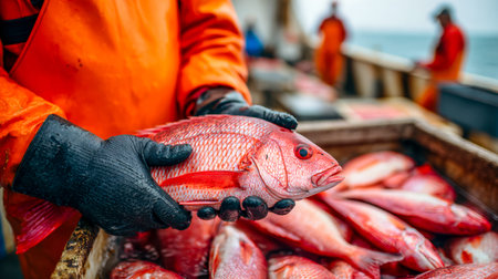 A fisherman inspects a vibrant red snapper, showcasing the lively seaside market ambiance with salty...