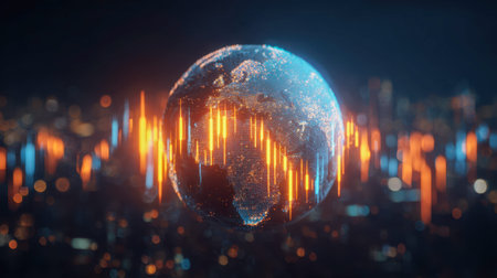 A luminous global map featuring bright city lights and dynamic financial bars illustrating worldwide...