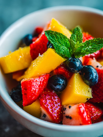 A vibrant platter of colorful tropical fruits topped with fresh mint leaves, evoking freshness and inviting healthy, lively bites perfect for summer gatherings.の写真素材