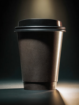 A sleek black paper cup with a sealed lid basking in a focused beam of light, creating dramatic shadows and highlighting its minimalist design.の写真素材