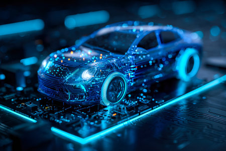 A sleek, advanced vehicle design radiates vivid blue glow, set against a high-tech circuit board...