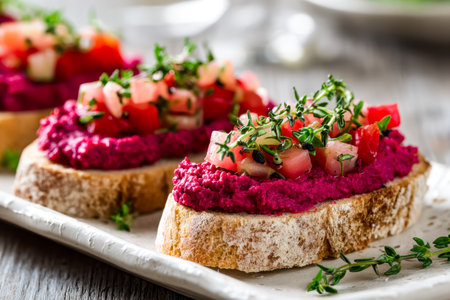 Vibrant beetroot spread garnished with herbs and crisp vegetables, elegantly layered on rustic bread for a flavorful, earthy experience.の写真素材