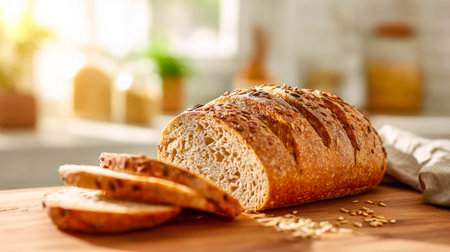 Warm, rustic loaves showcasing a blend of grains, with neatly cut slices revealing a hearty...